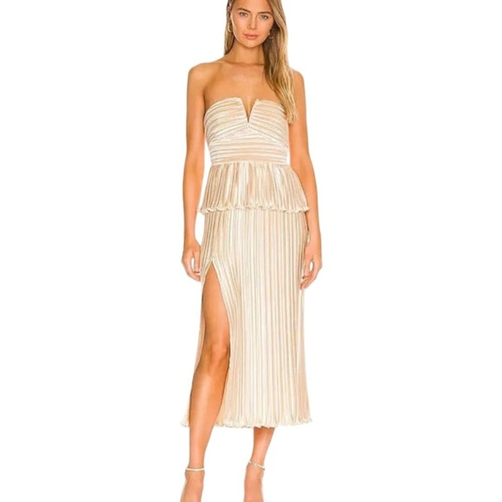 Aiifos Emilia Dress Metallic‎ Champagne Strapless Peplum High Slit Maxi Large